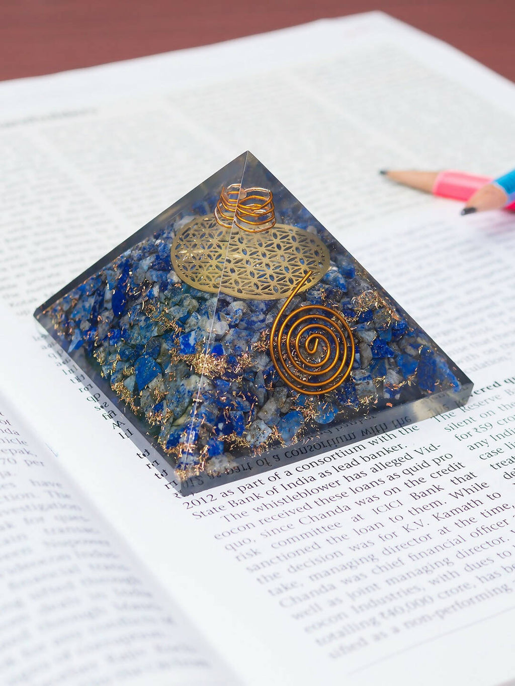 Golden Peacock Blue & Gold-Toned Lapis Lazuli Orgone Stone Pyramid Prism Paperweight | Grocsy