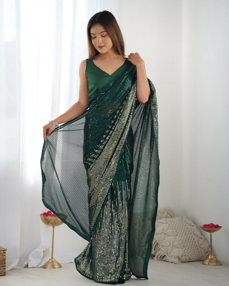 Green Georgette Designer Sequence Embroidery Work Saree - Sitare | Grocsy