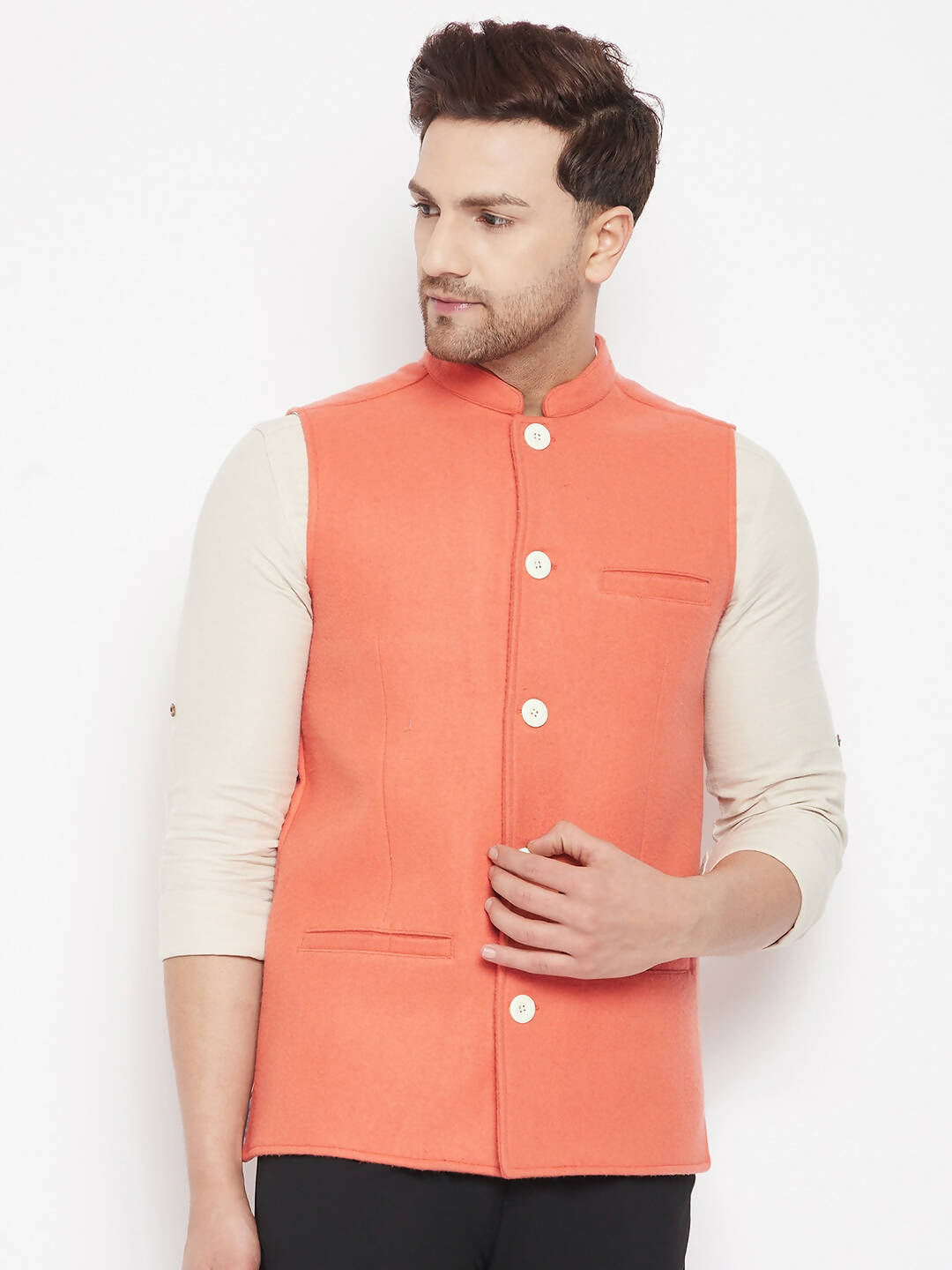 Even Apparels Orange Wool Men Woven Nehru Jacket | Grocsy