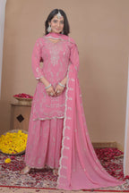 The52 Women's Gorgeous Embroidery Work Fox Georgette Fabric Straight Kurta Sharara and Dupatta Set-Pink | Grocsy
