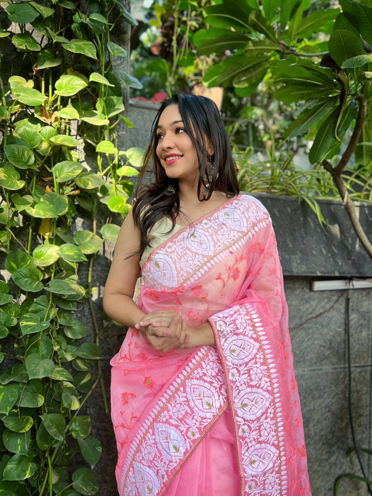 Vamsee Palak Saavi Pink Organza Saree | Grocsy