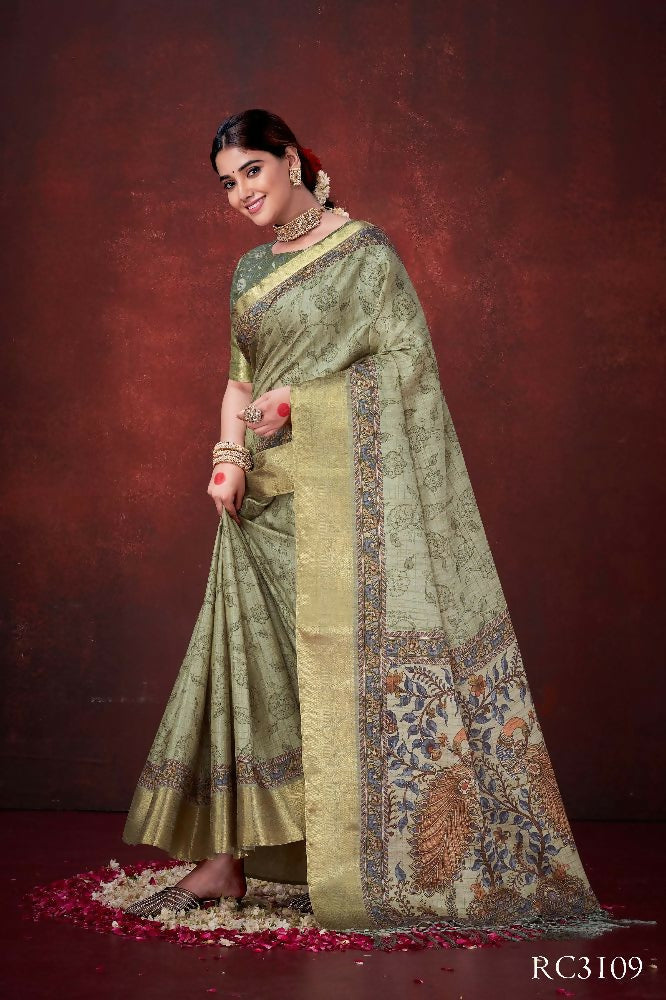 Pista Green Poly Habotai Silk Foil Print Saree with Unstitched Blouse - Kathari | Grocsy