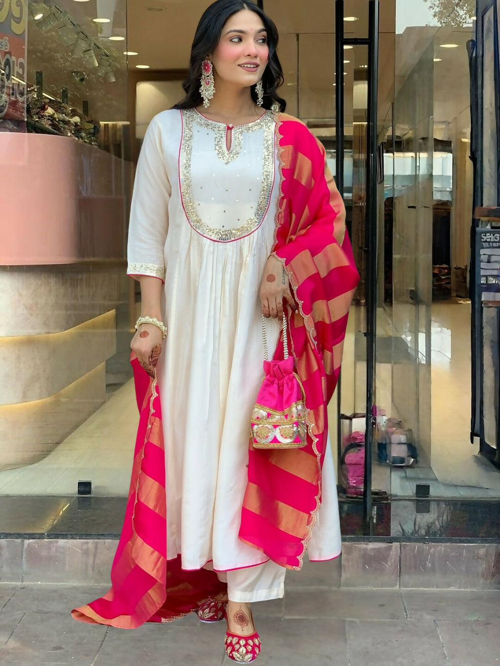 The52 White Women's Gorgeous Embroidered Work Chanderi Fabric Flared Kurta Pant and Dupatta Set | Grocsy
