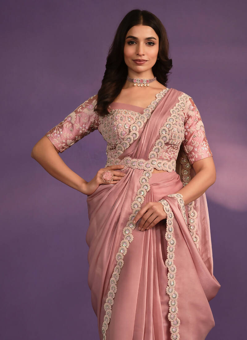 Pink Crepe Georgette Silk Embroidered Saree With Stitched Blouse - Mohmanthan Exotica | Grocsy