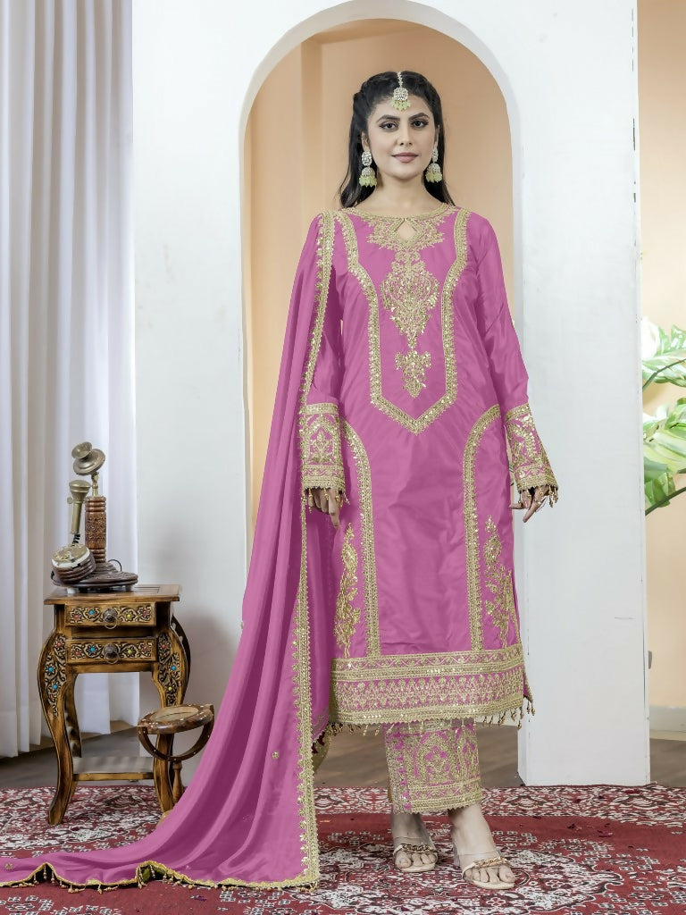 Teeya Creation Baby Pink Color Chinnon Silk Embroidery Work Fully Stitched Salwar Suit | Grocsy