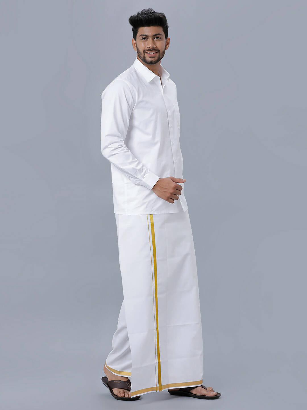 Ramraj Cotton Mens Pure Cotton 3/4 Inch Gold Jari Dhoti - White | Grocsy