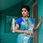 DEIANA'S Beautiful Designer Golden zari Soft Lichi Silk Saree - Sky | Grocsy