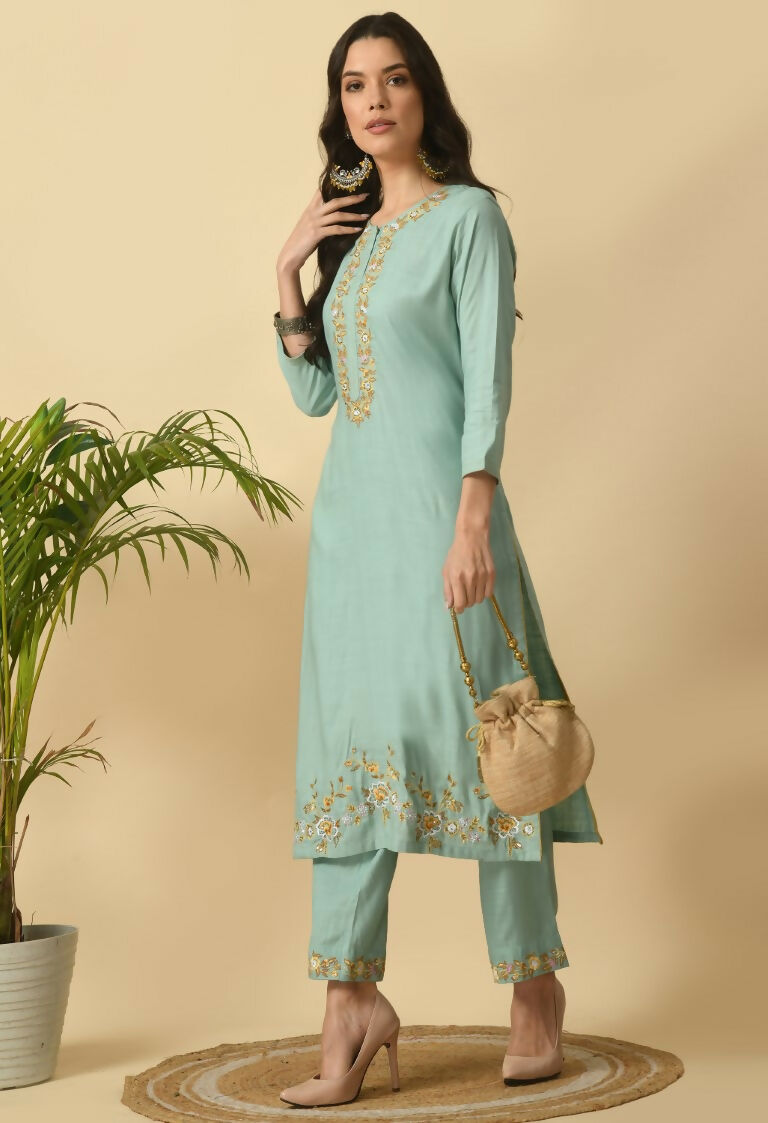 Joban Fashion Sea Green Cotton Rayon Kurta Set | Grocsy