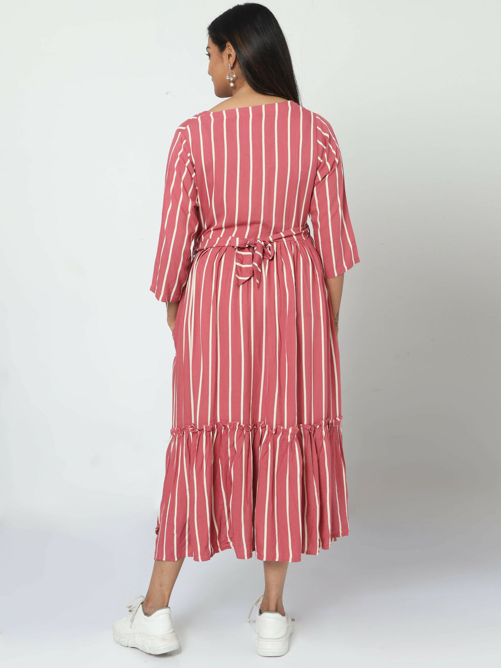 Manet Three Fourth Maternity Dress Striped With Concealed Zipper Nursing Access - Pink | Grocsy
