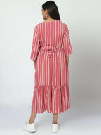 Manet Three Fourth Maternity Dress Striped With Concealed Zipper Nursing Access - Pink | Grocsy