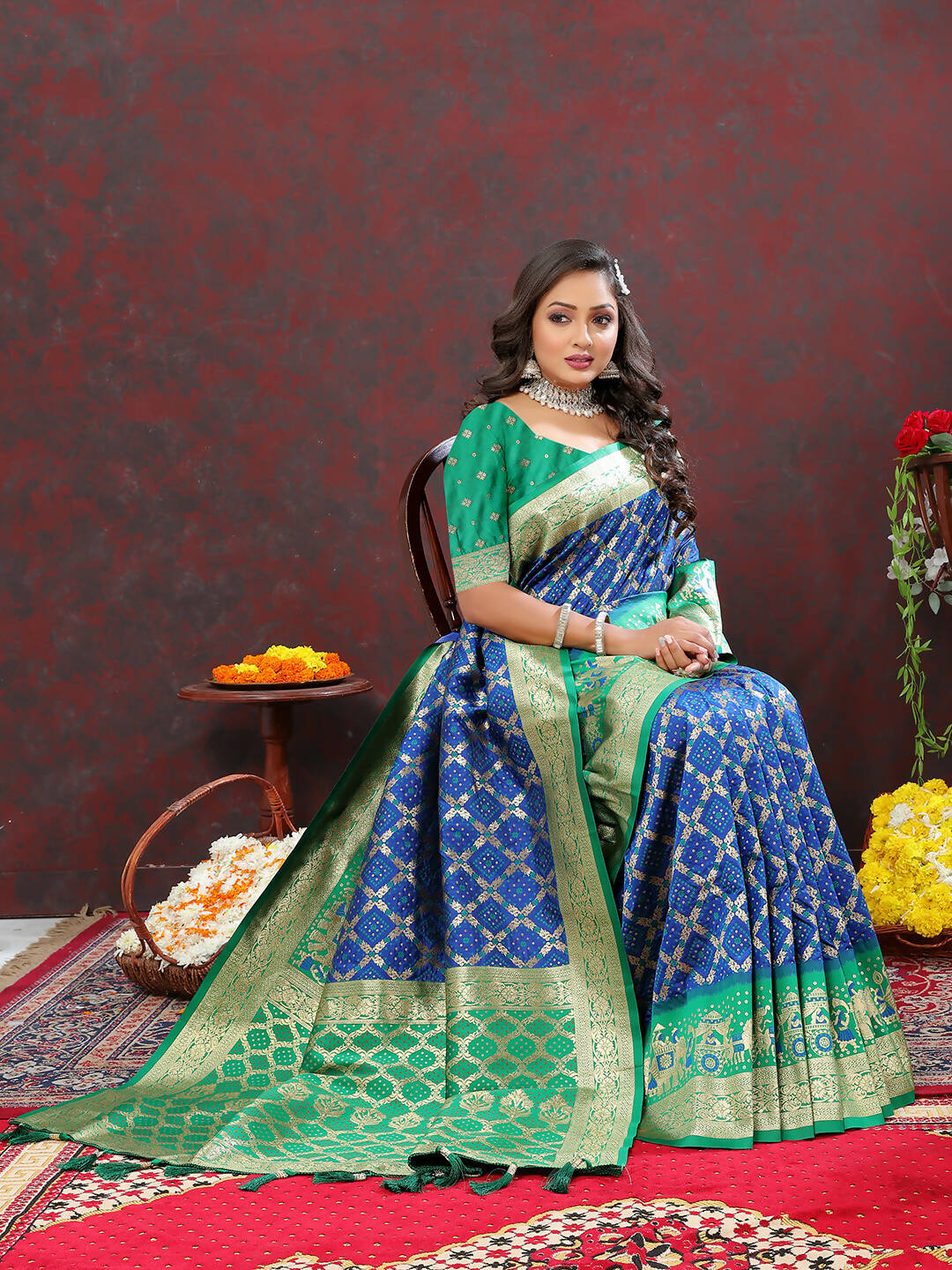 Lorenvalley Fashion Blue & Green Patola Silk Woven Design Meenakari Weaving Saree | Grocsy