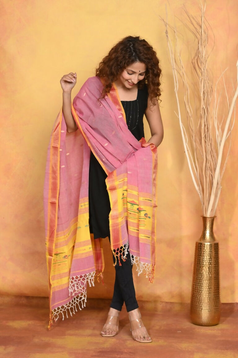 Very Much Indian Handloom Pure Cotton Paithani Dupatta Pink | Grocsy