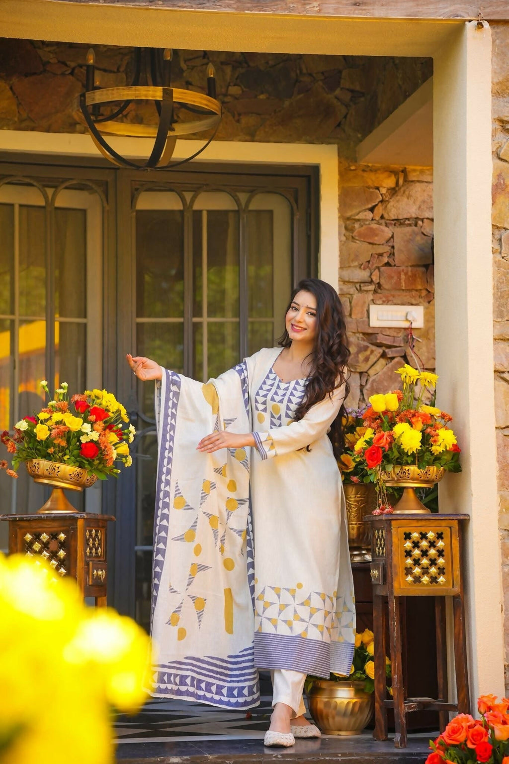 The52 Women's Gorgeous Printed Work Muslin Fabric Straight Kurta Pant and Dupatta Set | Grocsy