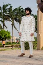 Irenic White Sherwani Set by Hilo Design | Grocsy