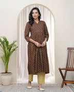 Vaasva Brown Boonta Cotton Printed Gathered Kurti With Pant | Grocsy