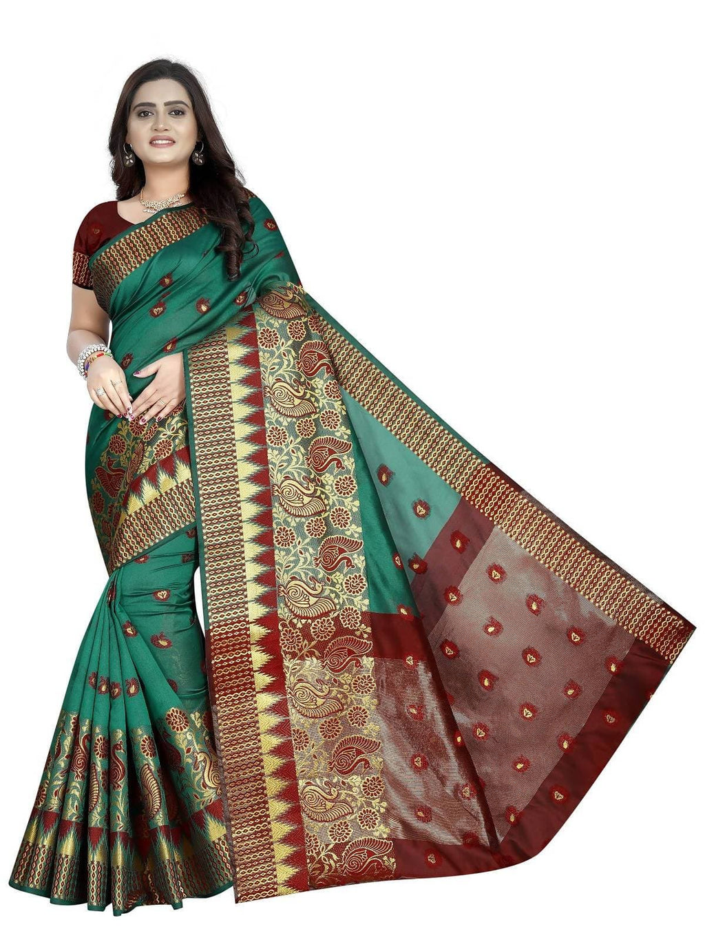 Vamika Banarasi Jaquard Rama Green & Red Weaving Saree | Grocsy