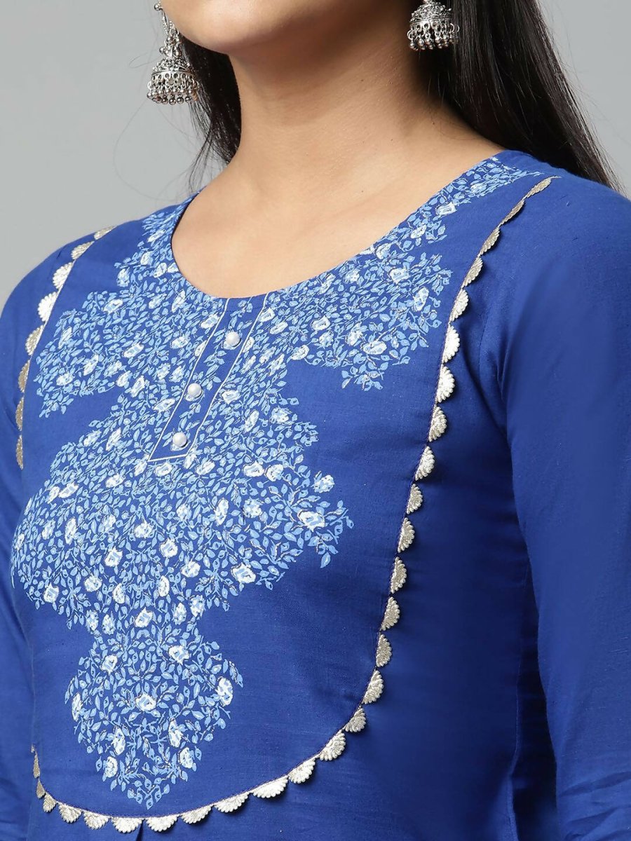 Ahalyaa Womens Royal Blue Pure Cotton Printed Tunic Palazzo Set | Grocsy
