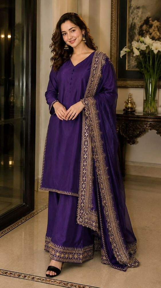 Teeya Creation New Latest Stylish Classic Jambli Festive Kurta Set with Gold Zari Border Palazzo and Dupatta | Grocsy