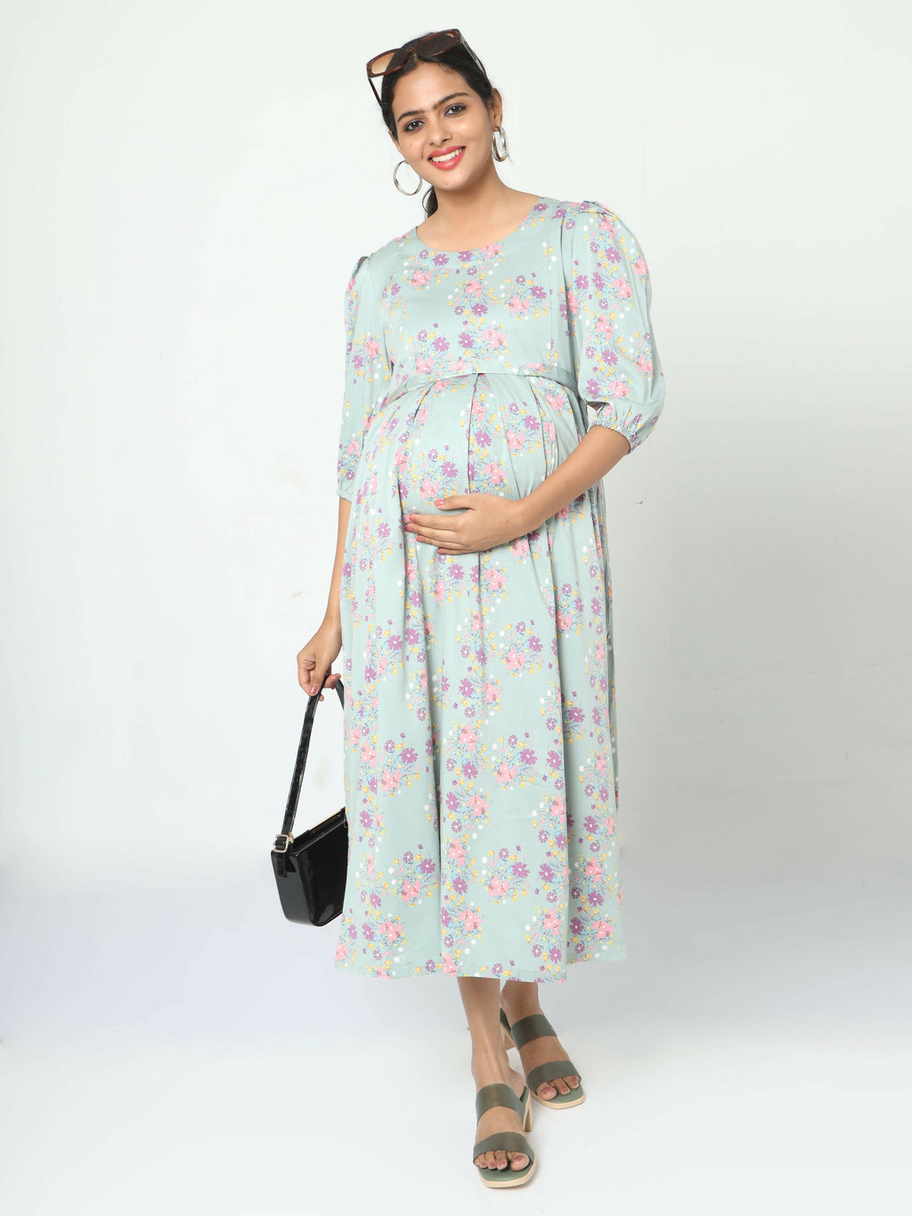Manet Three Fourth Maternity Dress Pink Floral Print With Concealed Zipper Nursing Access - Green | Grocsy