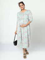 Manet Three Fourth Maternity Dress Pink Floral Print With Concealed Zipper Nursing Access - Green | Grocsy