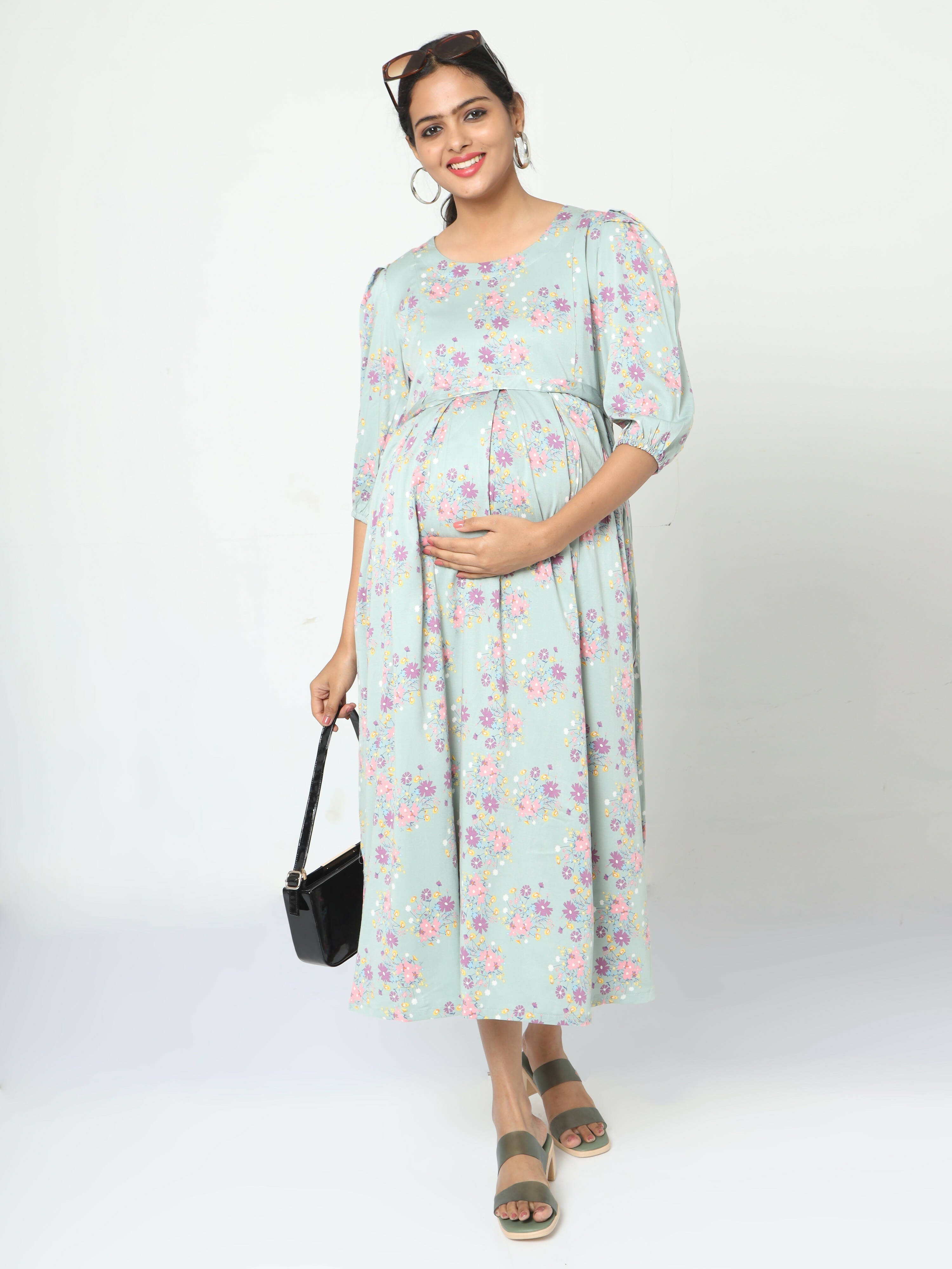 Manet Three Fourth Maternity Dress Pink Floral Print With Concealed Zipper Nursing Access - Green | Grocsy