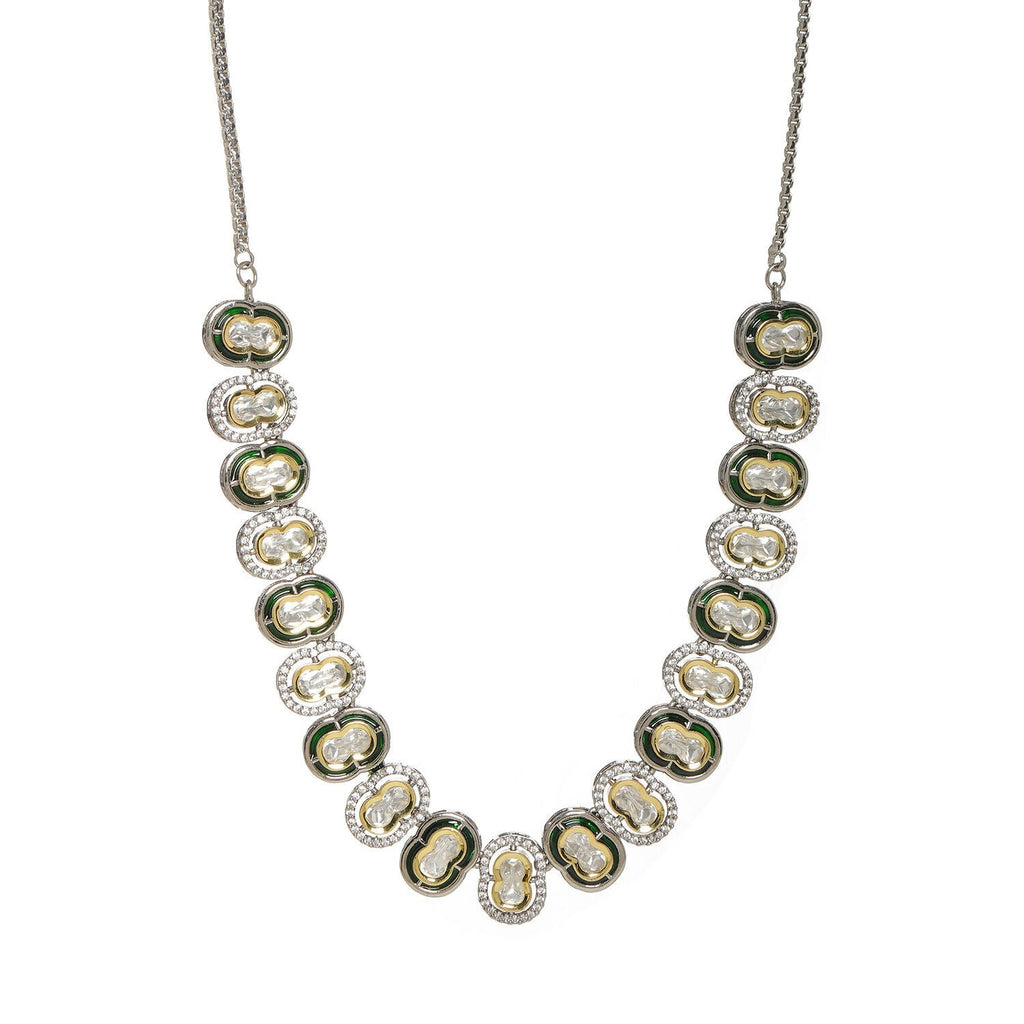 Mufli (peanut) Kundan Neckpiece with Meenakari and American Diamonds (Silver) - Ruby Raang | Grocsy