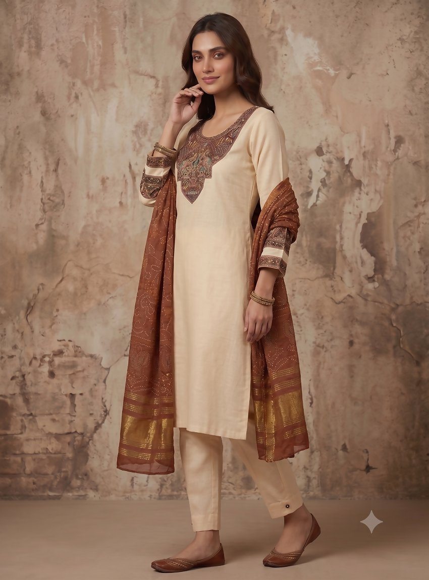 Teeya Creation Women Cream Embroidered Straight Kurta With Rust Bandhani Dupatta And Pant Set | Grocsy