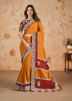 Orange Silk Georgette Floral Embroidery Saree with Heavy Embroidery Border Saree - Mohmanthan Dakshika | Grocsy