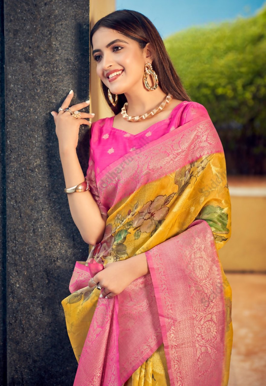 Exclusive Collection Wedding Pink Yellow Collection Banarasi Silk Saree With Rich Pallu | Grocsy