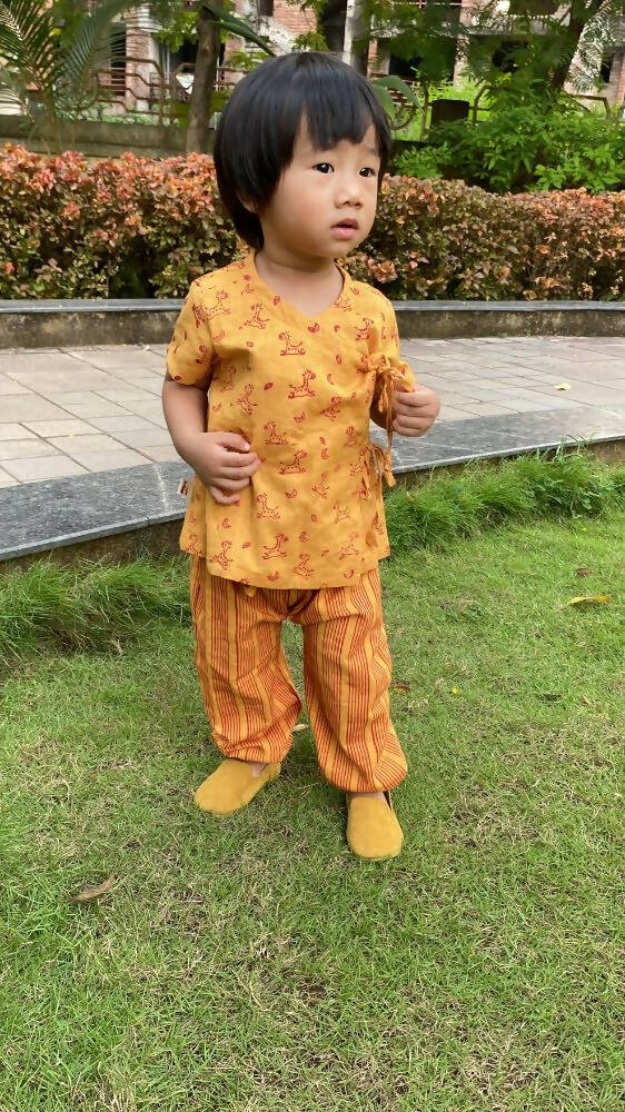 Mhyssa Zeke Half Sleeve Wrap Style Yellow and Red T-shirt With Long Pant Set For Kids | Grocsy