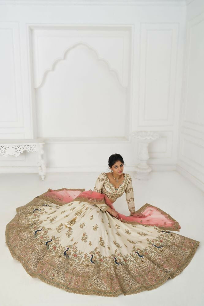 Kesar Fab White Zari Silk Hand_Woven Lehenga | Grocsy