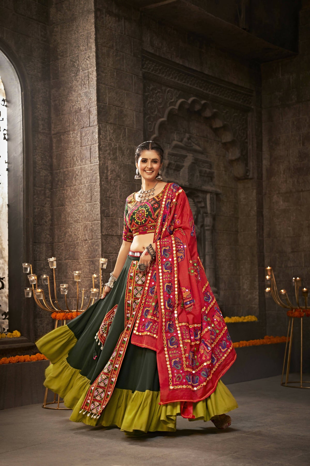 Green Viscose Rayon Thread Embroidered Navratri Lehenga Choli with Dupatta - Raas | Grocsy