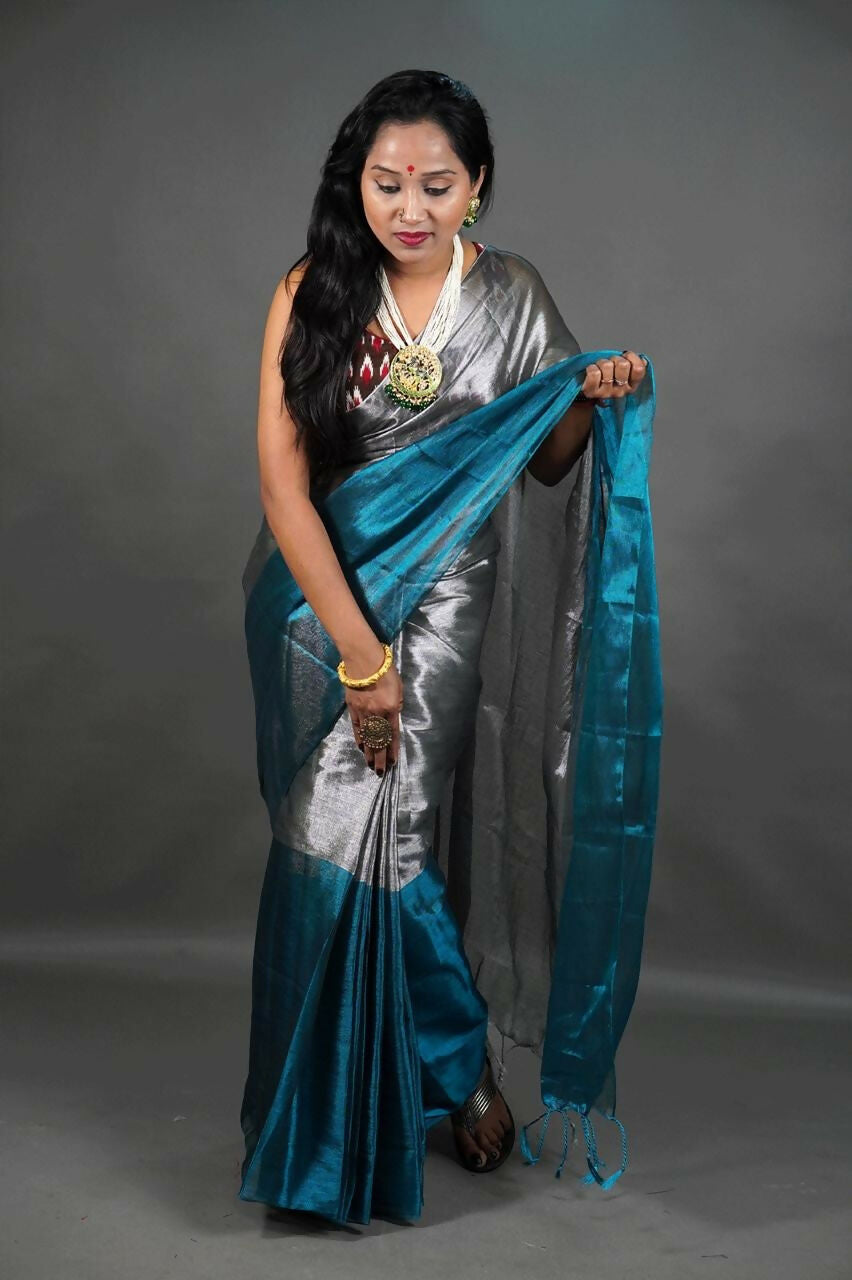 Exclusive Collection Beautiful Gray Green Tissue Silk Hand Weaving Handloom Saree With Running Blouse Piece | Grocsy
