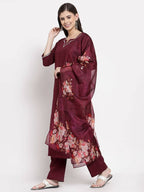 Myshka Women's Burgundy Cotton Solid 3/4 Sleeve Square Neck Casual Kurta Pant Dupatta Set | Grocsy