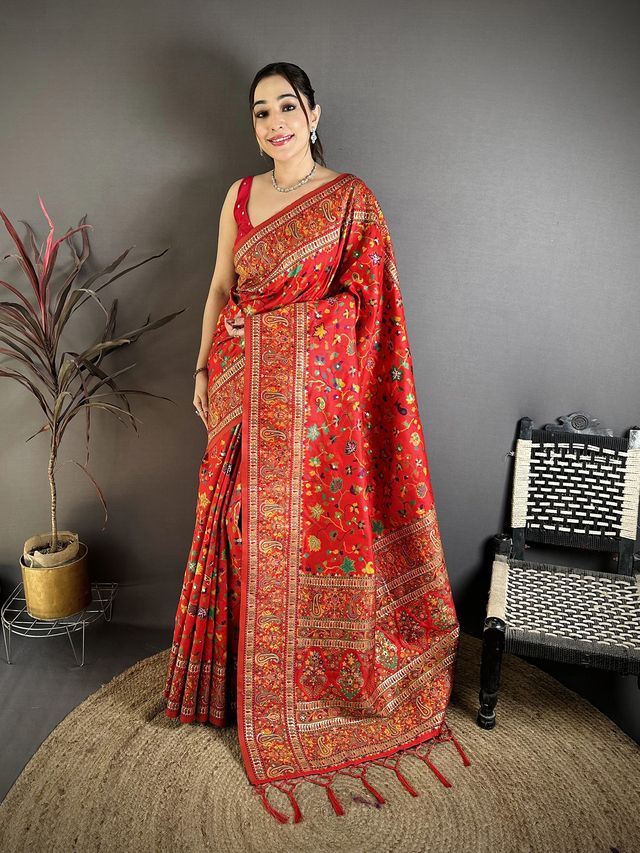 Elora Red Pashmina Silk Meenakari Weaving Madhubani Design Kashmiri Saree | Grocsy