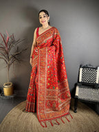 Elora Red Pashmina Silk Meenakari Weaving Madhubani Design Kashmiri Saree | Grocsy