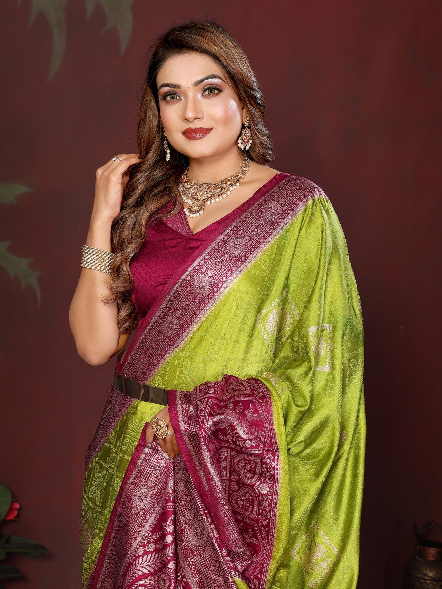 Anaita P Green Zari Butta Work Satin Silk Saree With Blouse | Grocsy