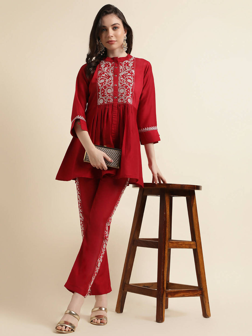 Red Chinon Floral Embroidered Top with Bottom - Maanushi | Grocsy