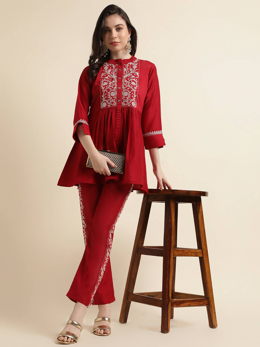 Red Chinon Floral Embroidered Top with Bottom - Maanushi | Grocsy