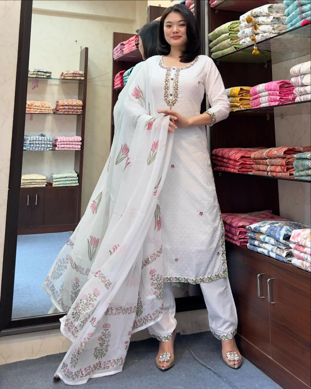 The52 White Women's Gorgeous Georgette Butti Fabric Embroidered Work Straight Kurta Pant and Dupatta Set | Grocsy