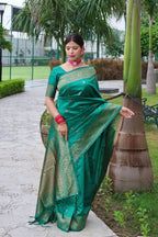 DEIANA'S Beautiful Designer Golden zari Soft Lichi Silk Saree - Teal | Grocsy