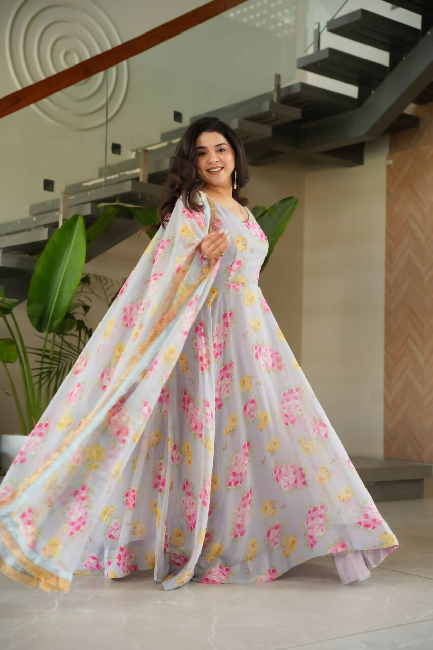 Vastranavya Light Grey Faux Georgette With Rich Flower Digital Print work Gown | Grocsy