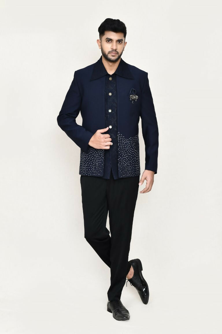 Joban Fashion Blue Colored Terry Rayon Based With Geometry Work Fabric Open Prince Coat, Jacket With Pant | Grocsy