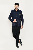 Joban Fashion Blue Colored Terry Rayon Based With Geometry Work Fabric Open Prince Coat, Jacket With Pant | Grocsy