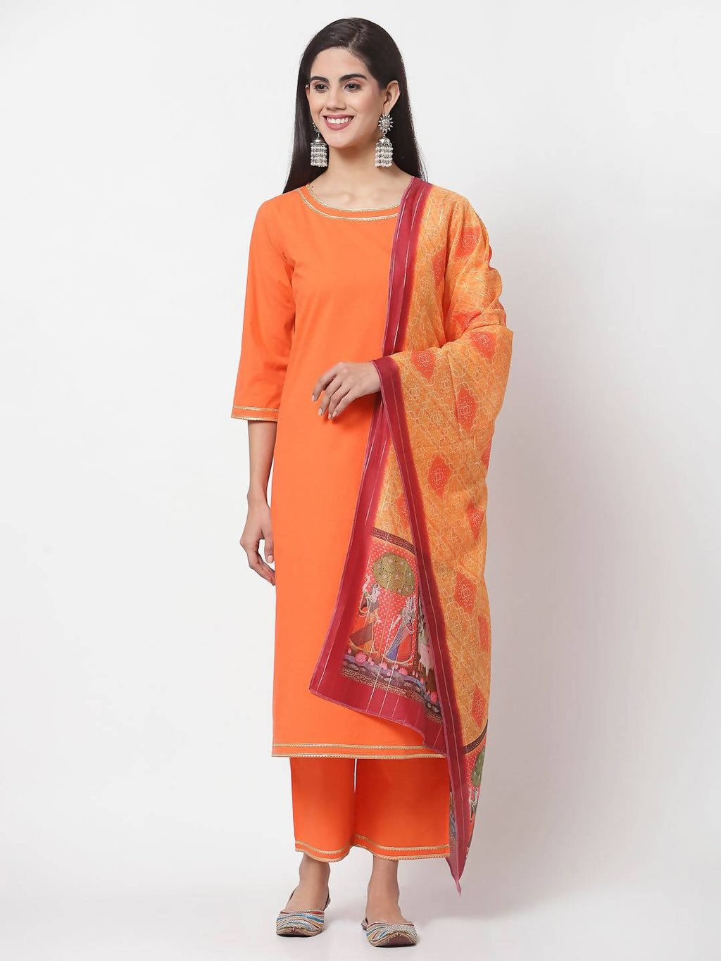 Myshka Orange Solid Cotton 3/4 Sleeve Round Neck Casual Kurta Pant Dupatta Set | Grocsy