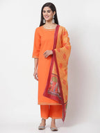 Myshka Orange Solid Cotton 3/4 Sleeve Round Neck Casual Kurta Pant Dupatta Set | Grocsy