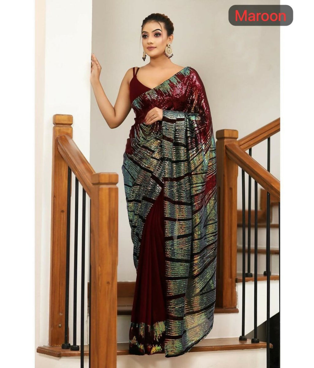 Arfa Fashion House Maroon Georgette Sequince Saree | Grocsy
