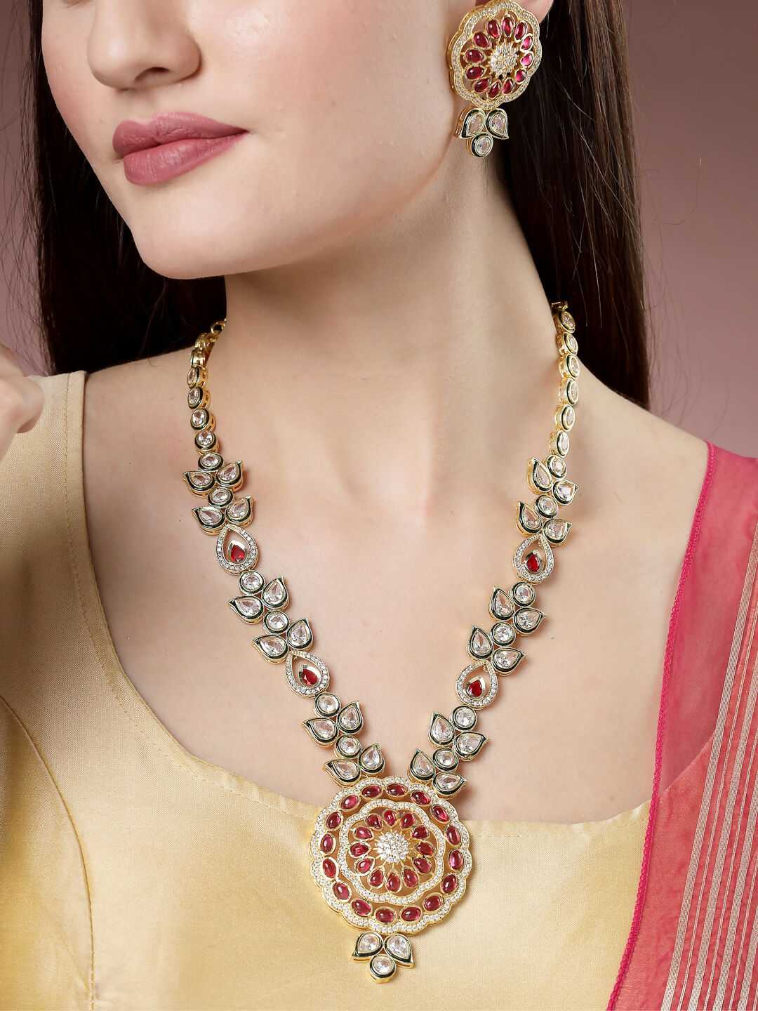 NVR Women's Red & Gold Kundan Studded Handcrafted Jewellery Set | Grocsy