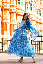 Yufta Women Blue Printed Pure Cotton Anarkali Kurta with Trouser & With Dupatta | Grocsy