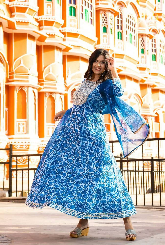 Yufta Women Blue Printed Pure Cotton Anarkali Kurta with Trouser & With Dupatta | Grocsy